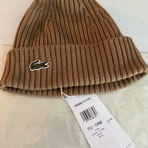 NEW LACOSTE ribbed wool beanie - unisex in brown. 
Beige tan light brown